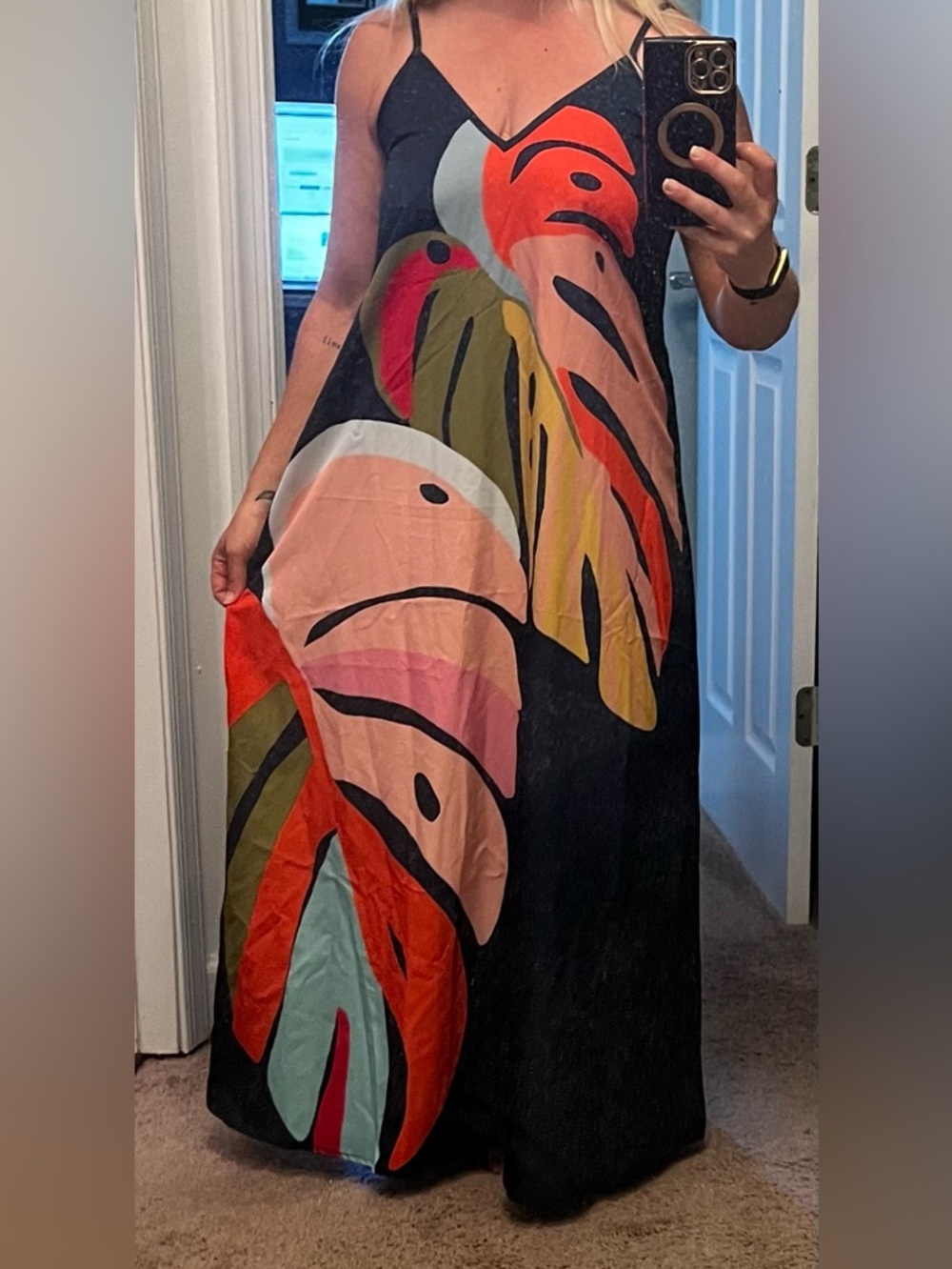 Amazon Navy Maxi Dress with Coral, Pink, Olive & Mint Leaf Print
